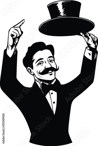 Silhouette of a smiling man in tuxedo holding top hat, editable vector illustration