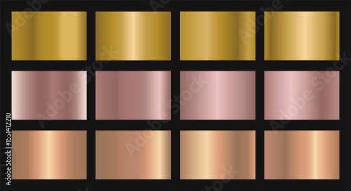 Vector set of gold gradient swatches. Gold metallic, rose gold,rose gold,bronze gradient template. gradient illustrations for backgrounds