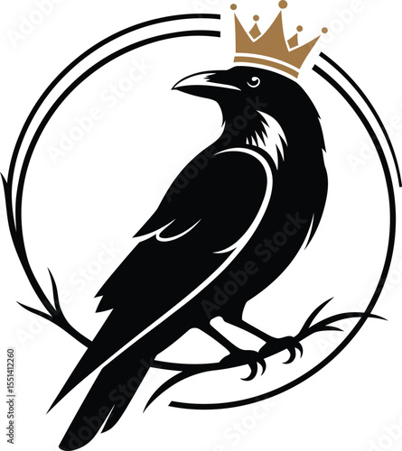 A stylish illustration of a crow perched on a branch, complete with a crown above its head. This design symbolizes intelligence and mystery.