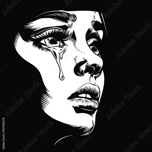 Silhouette of a weeping woman's face, editable vector art, dramatic monochrome illustration, expressive tear, sorrowful emotion, close-up profile view, artistic