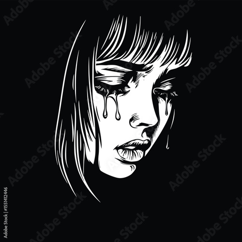 Silhouette of a weeping woman, editable vector art, dark mood, monochrome illustration, expressive face, dramatic tears, bob haircut, graphic design,