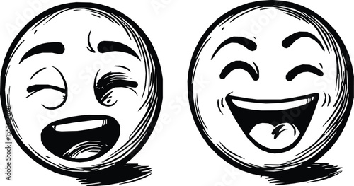 Two hand-drawn emoticon silhouettes playfully laughing, expressing joy and happiness