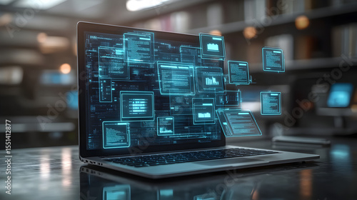 Laptop with digital files emerging from the screen, symbolizing efficient digital archiving, data storage, and seamless information management 44738323 3