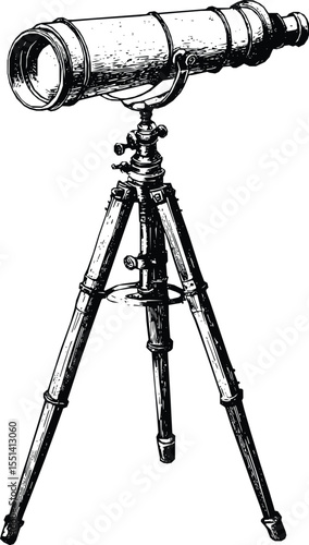Vintage brass telescope on tripod, hand-drawn silhouette, editable vector illustration, nautical theme, exploration concept, monochrome style