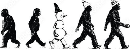 Editable vector illustration:  Silhouette of primate evolution with snowman walking