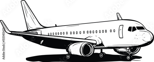 Hand-drawn silhouette of a passenger airplane on the tarmac, editable vector illustration