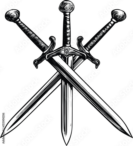 Three crossed swords silhouette, medieval design, editable vector illustration
