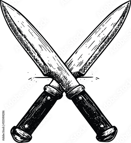 Crossed kitchen knives silhouette, hand-drawn vector illustration, black and white, sharp blades, vintage style, culinary design element