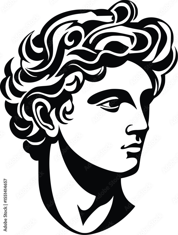 Editable vector silhouette of a classical male bust, profile view, black and white artwork, artistic rendering, elegant design, cultural heritage, Editable vector silhouette of a classical male bust, profile view, black and white artwork, artistic rendering, elegant design, cultural heritage,