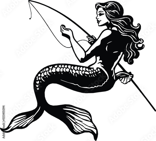 Silhouette of a mermaid fishing, editable vector illustration, black and white, whimsical style