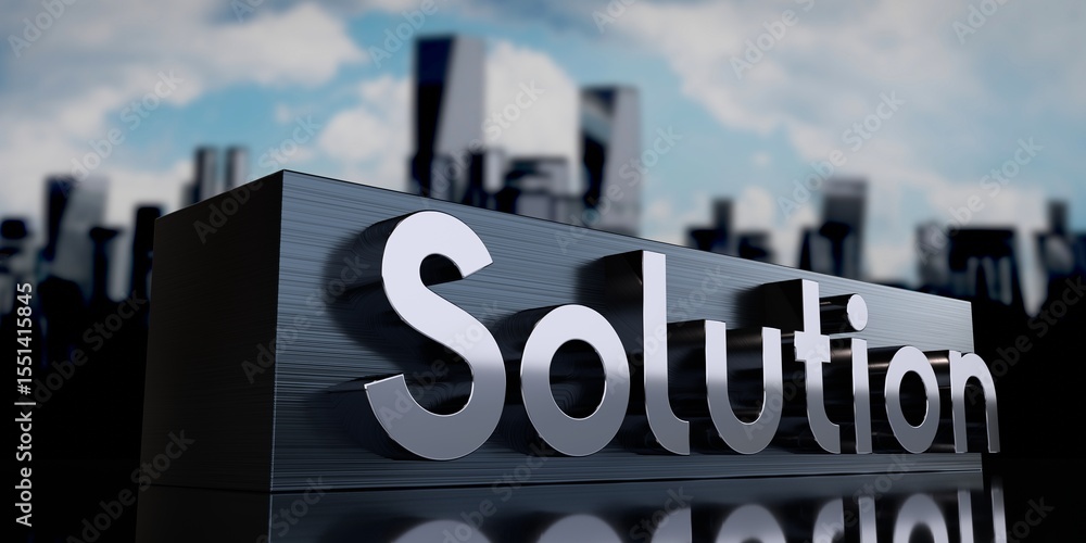 Obraz premium Solution - metal cuboid and skyscrapers - 3D illustration
