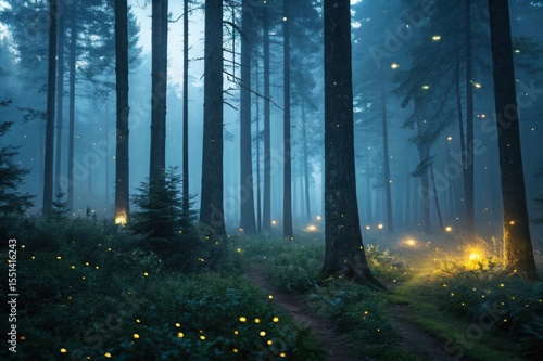 Enchanted forest path at night with fireflies