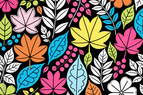 Wallpaper Mural Colorful Floral Pattern-Vibrant Leaves and Flowers on Black Background-Modern Botanical Design-Eye-Catching Nature Illustration-Perfect for Fabric and Wall Art Torontodigital.ca