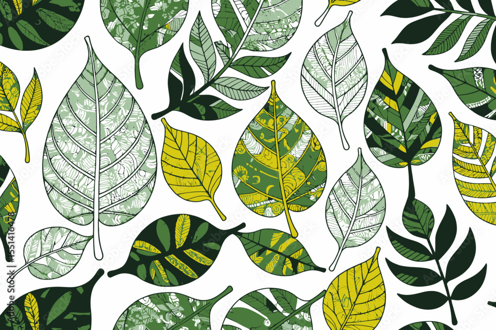 Colorful Leaves Illustration - Botanical Pattern with Intricate Details - Nature Inspired Design with Green Yellow and Gray Hues - Perfect for Backgrounds Colorful Leaves Illustration - Botanical Pattern with Intricate Details - Nature Inspired Design with Green Yellow and Gray Hues - Perfect for Backgrounds