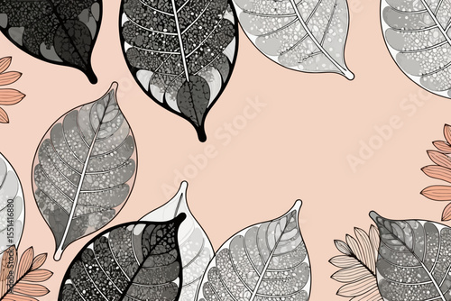 Elegant Botanical Background- Black and White Leaves Illustration on Peach- Free Space for Text or Design- Nature Inspired Art Wallpaper