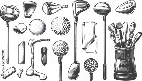 Monochrome Golf Equipment Illustration Clubs Balls Tees and Accessories