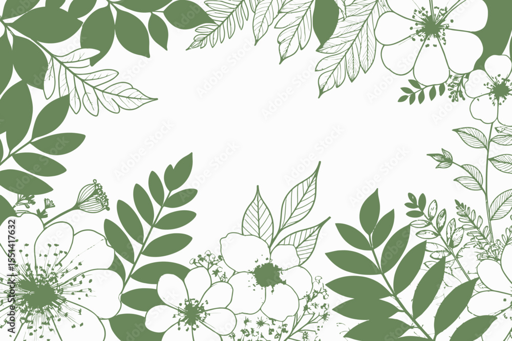 Fototapeta premium Floral Frame Illustration - Green Leaves and White Flowers - Elegant Botanical Design - Perfect for Invitations and Greetings - Natural Beauty Art
