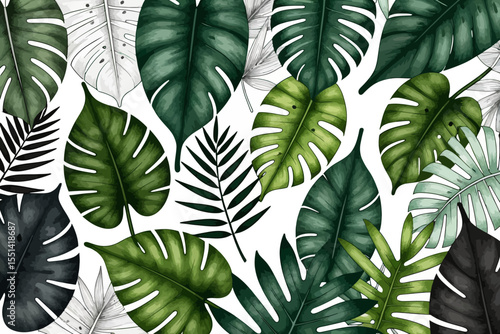 Wallpaper Mural Tropical Leaves Background - Monstera and Palm Leaf Illustration - Green Botanical Design for Wallpaper and Print - Nature Inspired Art Torontodigital.ca
