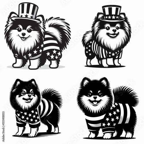 Pomeranian Dog wear american patriotic costume. Dabbing Independence Day 4th of July Flag Patriotism Usa Funny Clipart Line Art Vector Illustration. Little spitz canine garb themed.