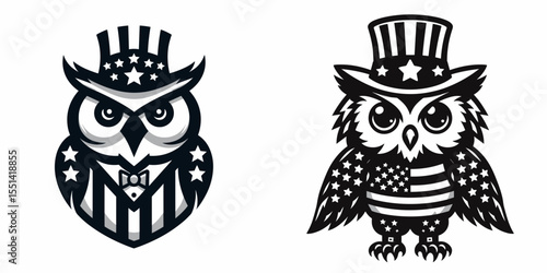 Owl wear american patriotic costume. Dabbing Independence Day 4th of July Flag Patriotism Usa Funny Clipart Line Art Vector Illustration. Feathered friend dons garment for holiday.