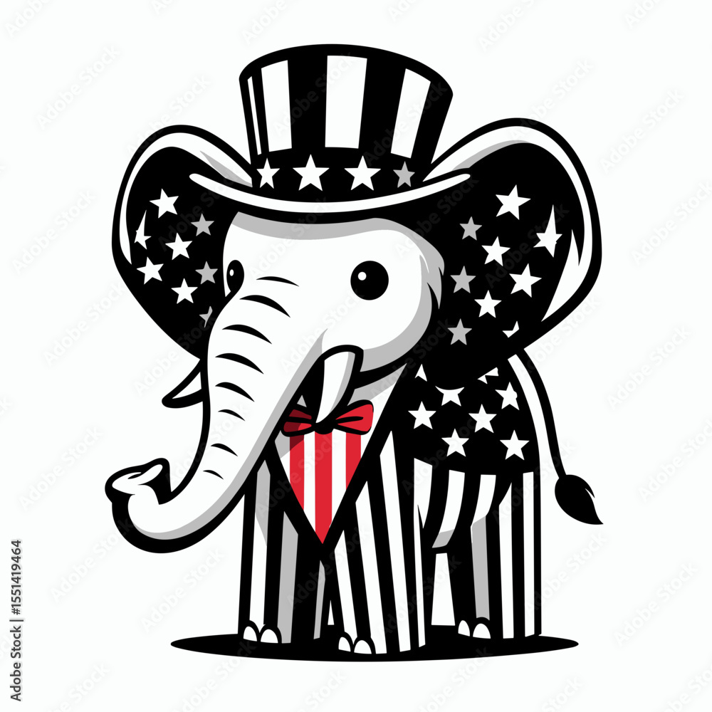 Obraz premium Elephant wear american patriotic costume. Dabbing Independence Day 4th of July Flag Patriotism Usa Funny Clipart Line Art Vector Illustration. Huge creature dons themed festive garb large.