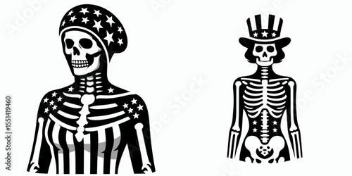 female skeleton wear american patriotic costume. Dabbing Independence Day 4th of July Flag Patriotism Usa Funny Clipart Line Art Vector Illustration. Woman bony figure don celebration dress.