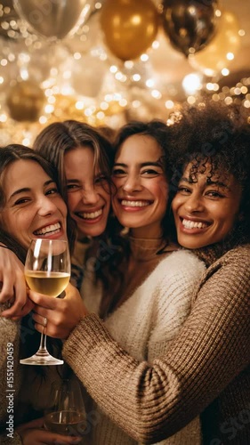 Four happy women share a laugh, celebrating with drinks under warm lights.