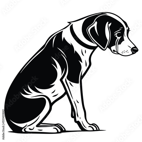Vector Art of a Black and White Dog Sitting Silently Reflecting with a Sad Expression Contemplating its Life Experiences and the Future