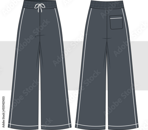 Women's wide leg,  elastic high waist pants, sweatpants fashion technical drawing, illustration. Front and back view, Cad, Mockup set.