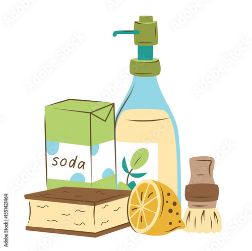 Eco-friendly household essentials with soda, orange, and wooden tools for packaging design and sustainable product labels

