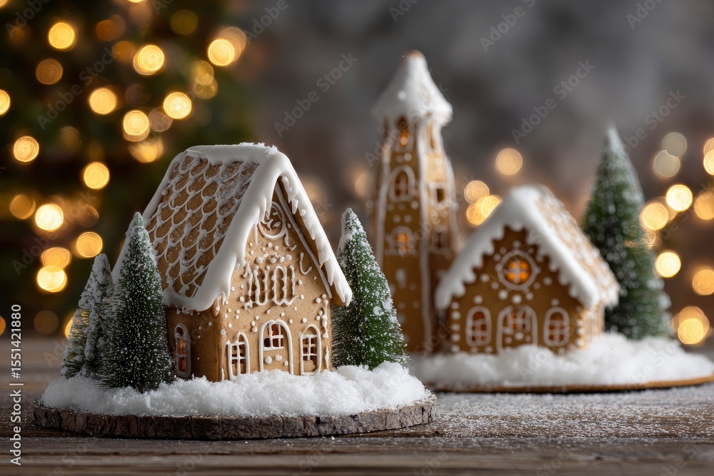 Fototapeta premium Gingerbread houses trees sit on snow atop a wood surface bokeh lights background creating a festive scene