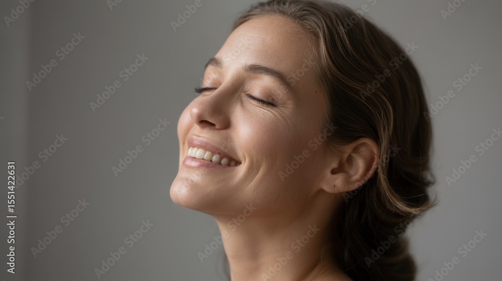 Smiling young caucasian female with closed eyes enjoying a peaceful moment Smiling young caucasian female with closed eyes enjoying a peaceful moment