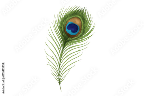 Vibrant peacock feather showing its iridescence on transparent background