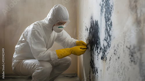 Worker in full protective gear carefully removing mold from damaged wall following water intrusion, emphasizing safety and restoration efforts 69476629 3