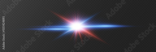 Blue glowing light explodes with shining rays and lens flares. On a transparent background