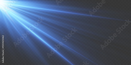 Blue glowing light explodes with shining rays and lens flares. On a transparent background