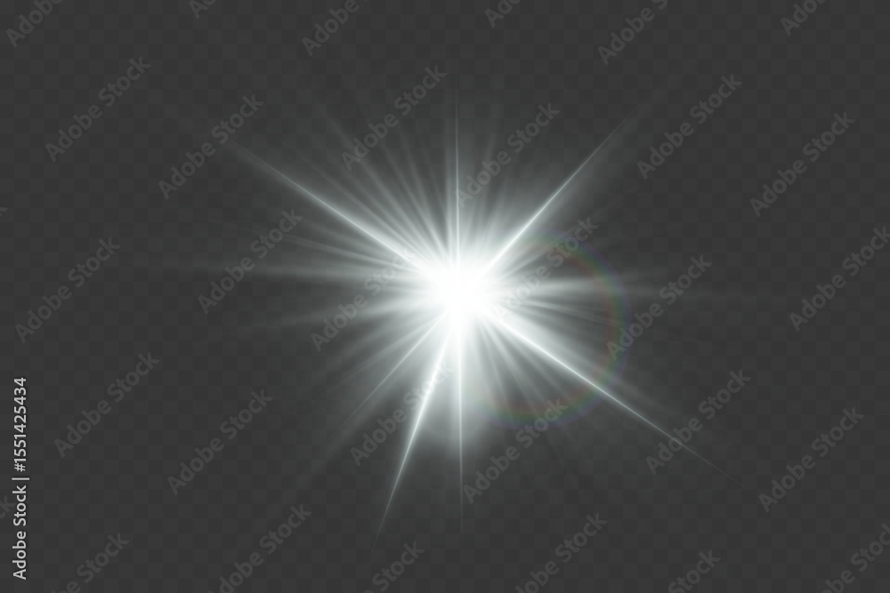 Fototapeta premium White glowing light explodes with shining rays and lens flares. On a transparent background