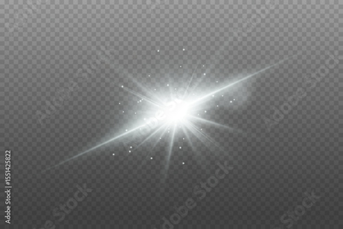 White glowing light explodes with shining rays and lens flares. On a transparent background