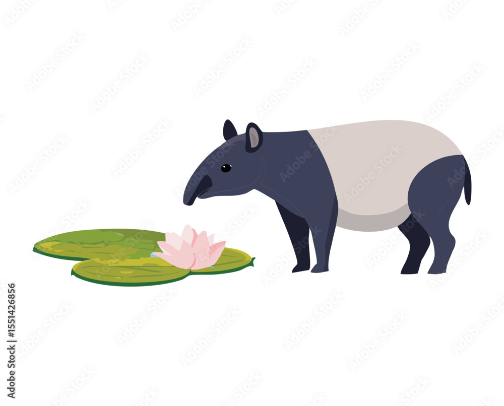 Obraz premium Tapir Standing by Water Lily Pad