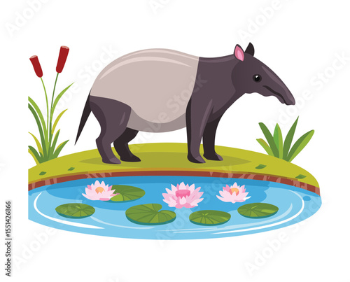 Tapir by Pond with Beautiful Water Lilies
