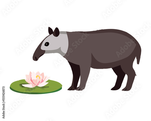 Tapir Near Water Lily in Pond