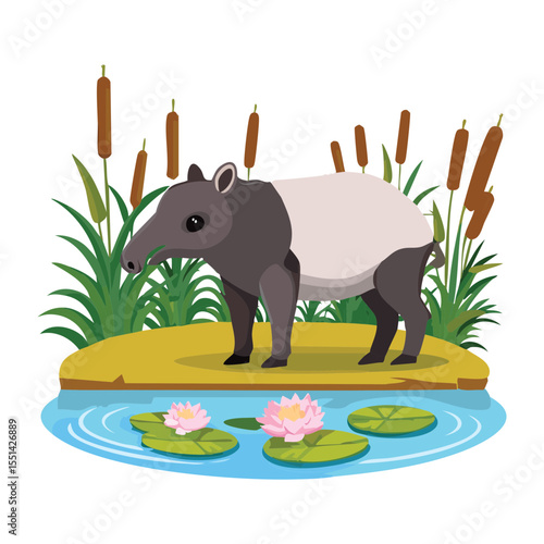Tapir by Pond with Reeds and Lilies