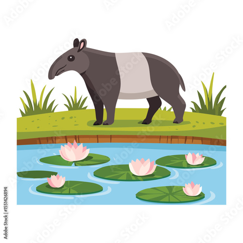 Tapir Drinking from Pond with Water Lilies