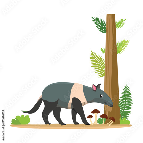 Tapir by Old Tree Trunk in Forest