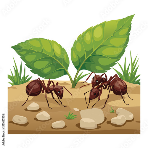 Ants Marching on Ground with Big Leaves