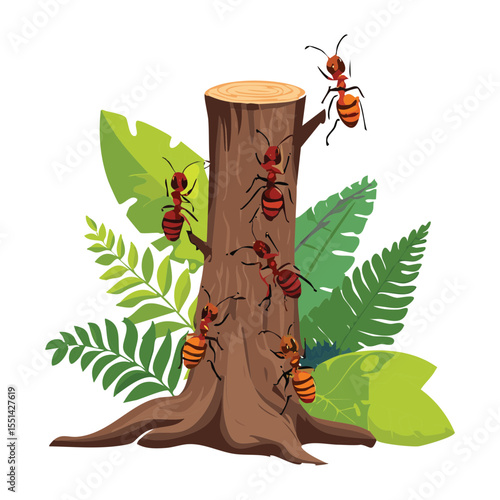 Ants Climbing Tree Stump with Fern