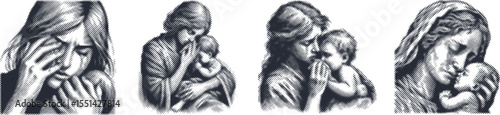 Halftone stipple effect vector bundle design featuring black color engraving of a mother wiping tears, emotional motherhood illustration, detailed dotted texture, vintage style art