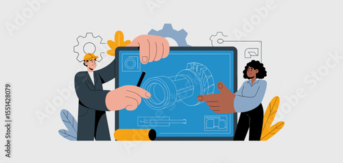engineers collaborating on mechanical part blueprint on tablet, vector illustration for custom b2b manufacturing, collaborative product design and industrial engineering process
