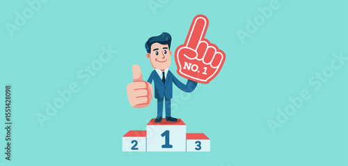 successful businessman on winner's podium with number one foam finger, vector illustration for business achievement, leadership recognition and competitive success celebration
