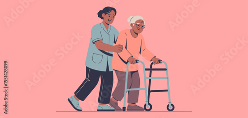 caregiver assisting elderly woman with walker, vector illustration for compassionate elder care, mobility assistance and senior healthcare support

